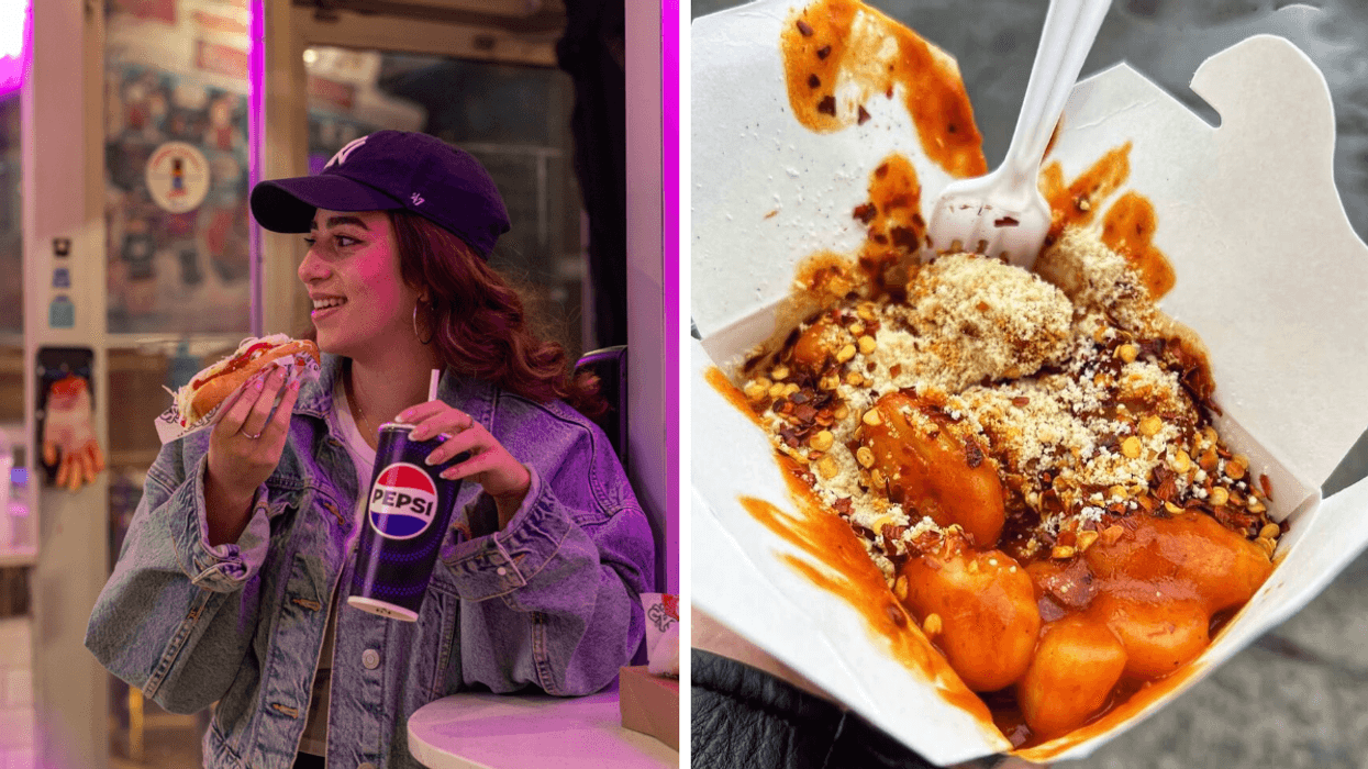 Person holding a hot dog and Pepsi. Right: Gnocchi in tomato sauce with grated cheese.