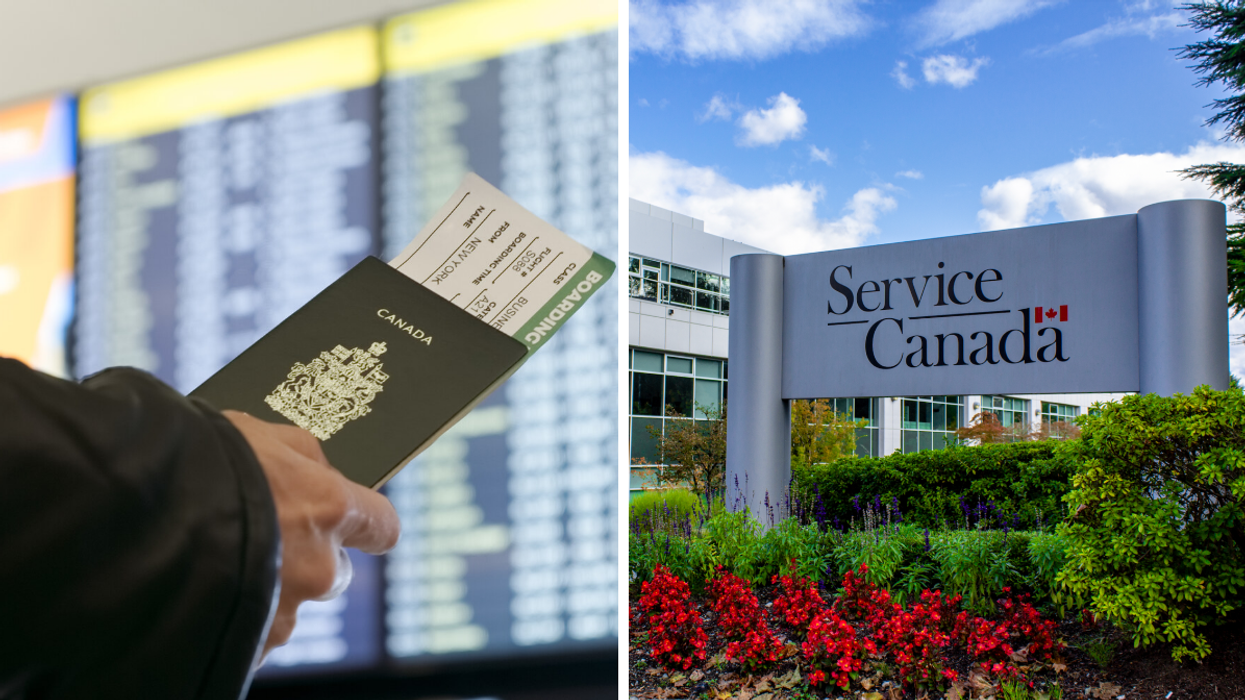 Person holding Canadian Passport in airport, Right: Service Canada building.