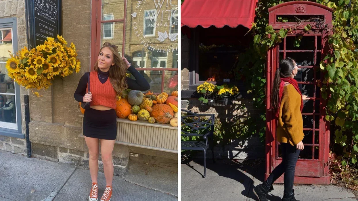 Person in front of a storefront in fall. Right: Person walking past an old telephone booth.