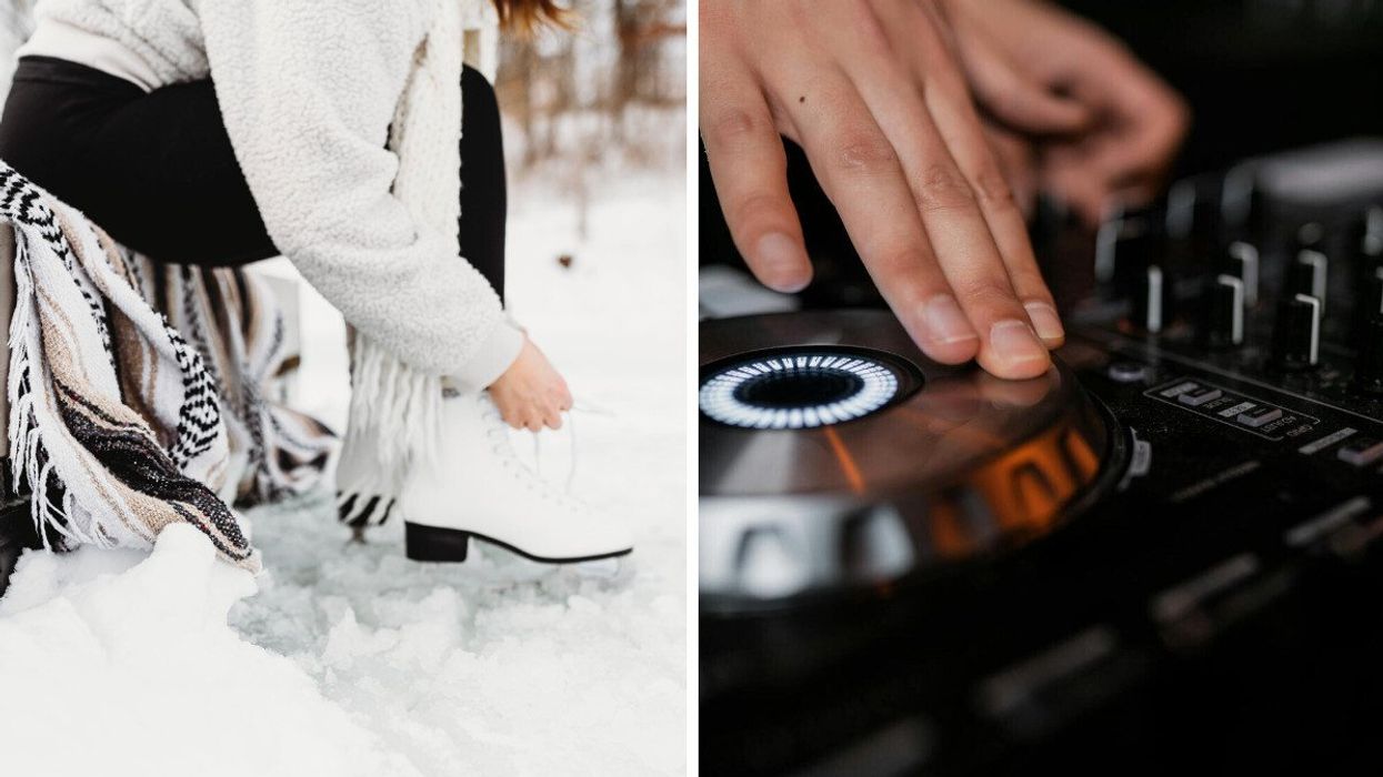 Person lacing skates. Right: Hand on DJ mixer.