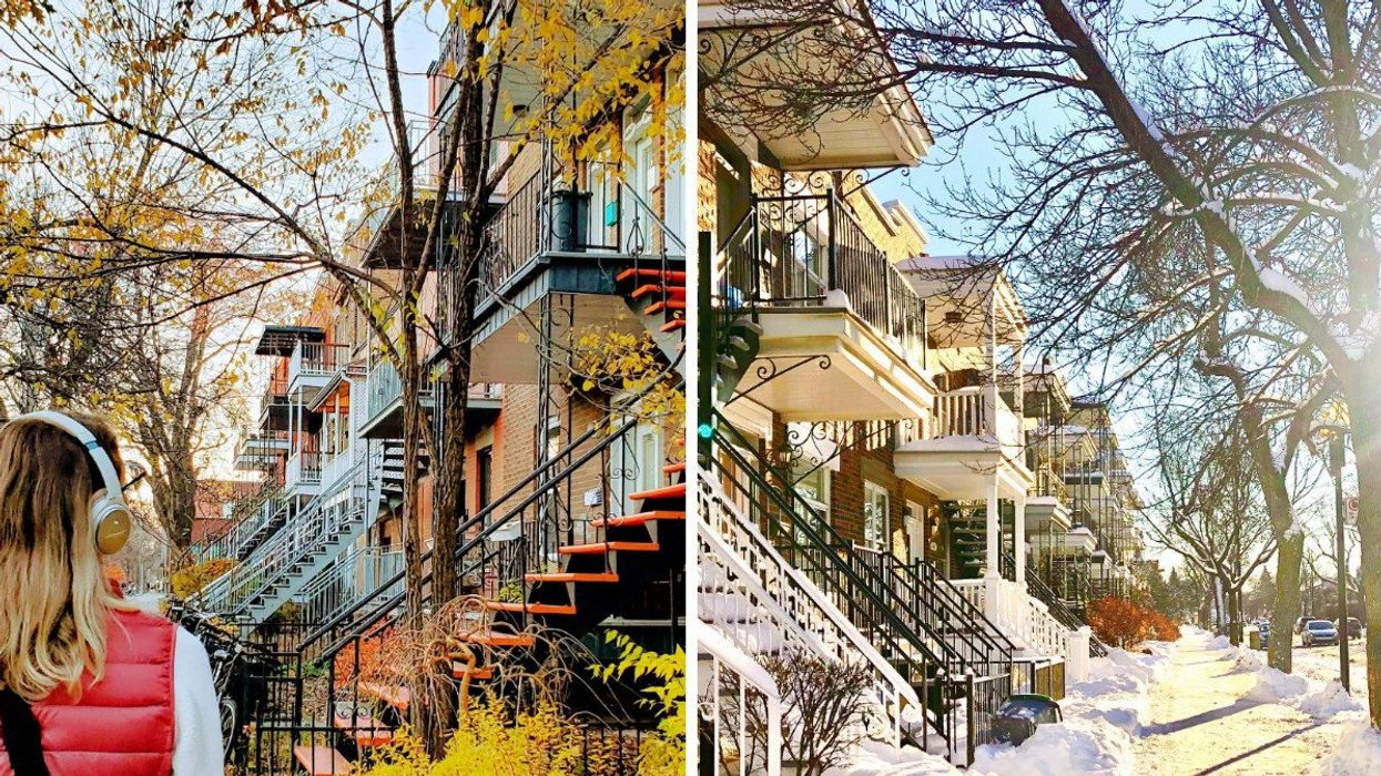 Person looking at homes from the sidewalk. Right: A snowy residential street in Montreal.