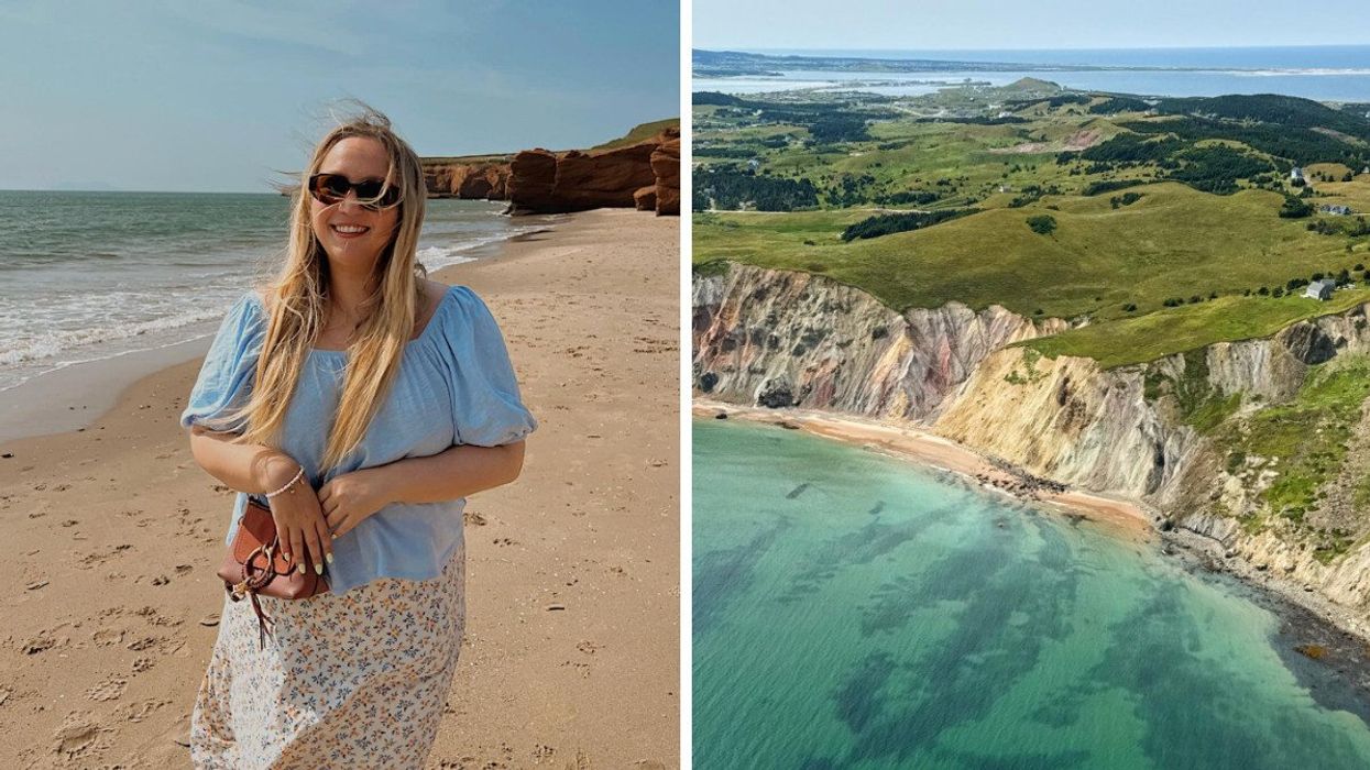 Person on a beach. Right: A birds-eye view of a beach enclosed by cliffs.