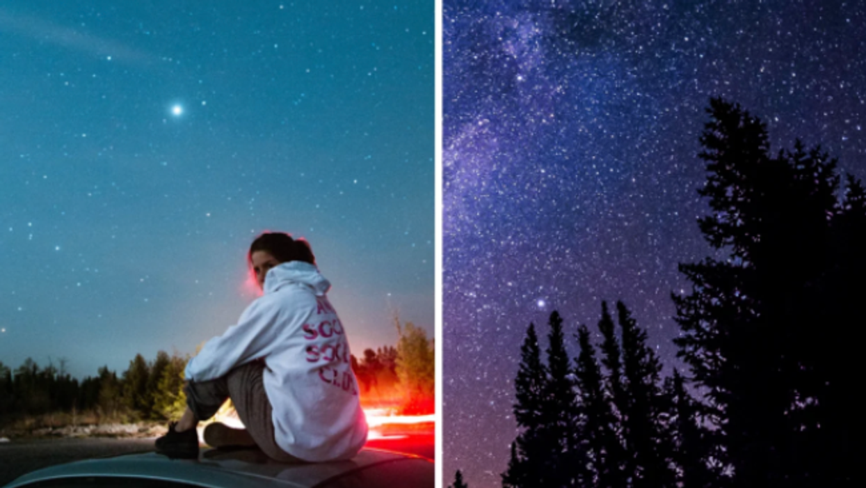 Person on top of car. Right: Stars in the night sky.