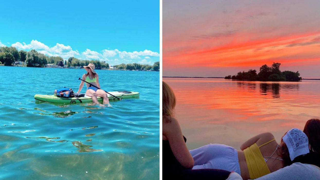 Person sits on a paddleboard in the water off the parc Jules-Léger beach. Right: A group of people watch the sunset from the parc Jules-Léger beach.