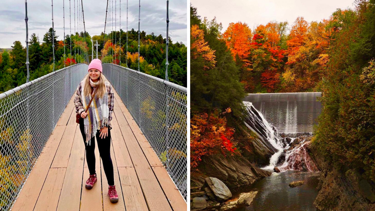 Person standing on the suspension bridge at Parc-de-la-Gorge de Coaticook, Right: Waterfall at Parc-de-la-Gorge de Coaticook.