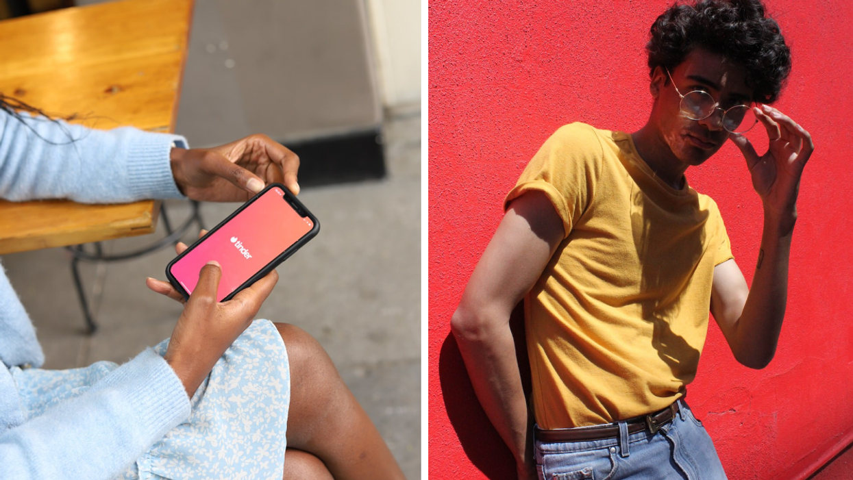 Person using Tinder on a smartphone, Right: Person posing against a red wall.