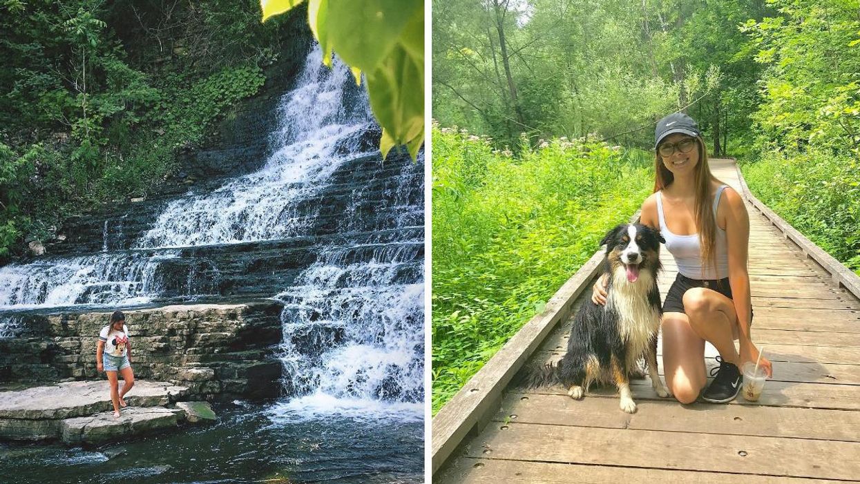 Person walking among the rocks at the base of a waterfall in Quebec City's Parc de la Rivière-Beauport. Right: Person kneeling with a dog on a boardwalk trail in Quebec City's Parc de la Rivière-Beauport.
