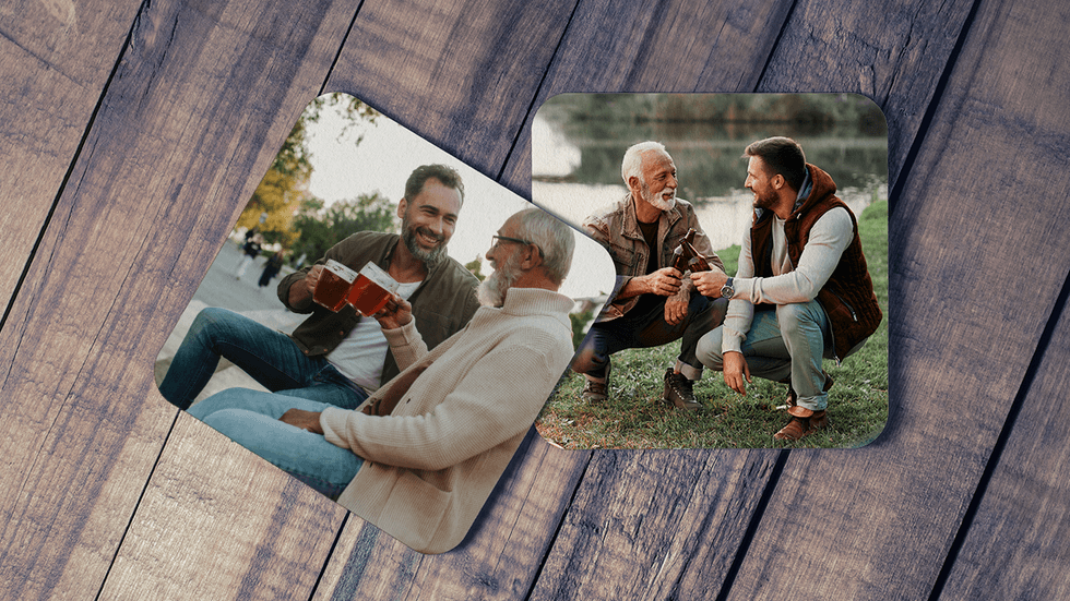 Personalized photo coasters featuring family moments on a wooden surface.