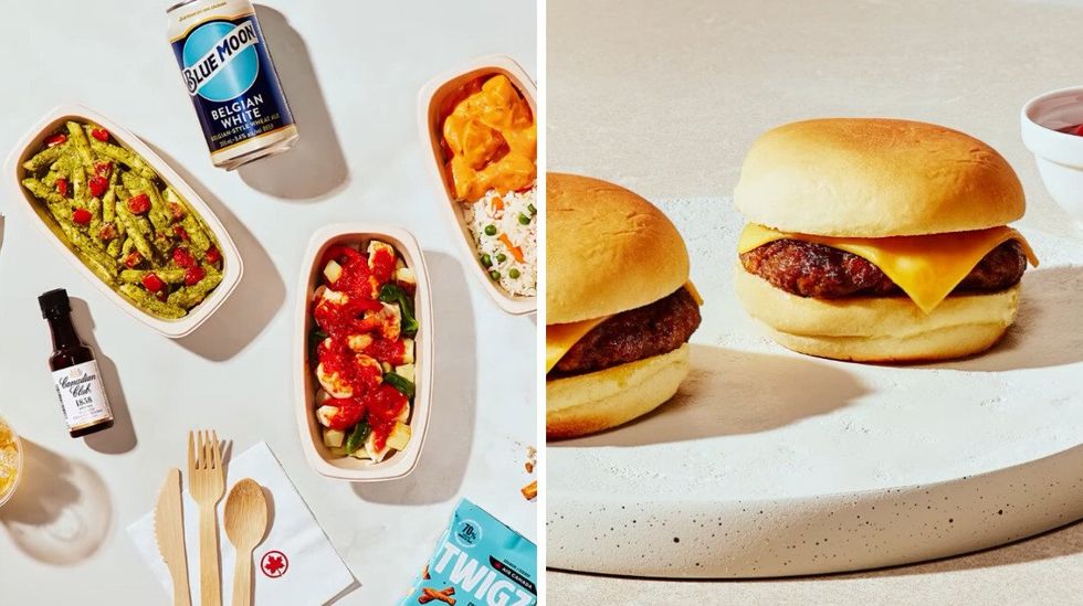 Pesto penne and other meals now offered by Air Canada for economy class. Right: Cheeseburger sliders from the upgraded Bistro menu.