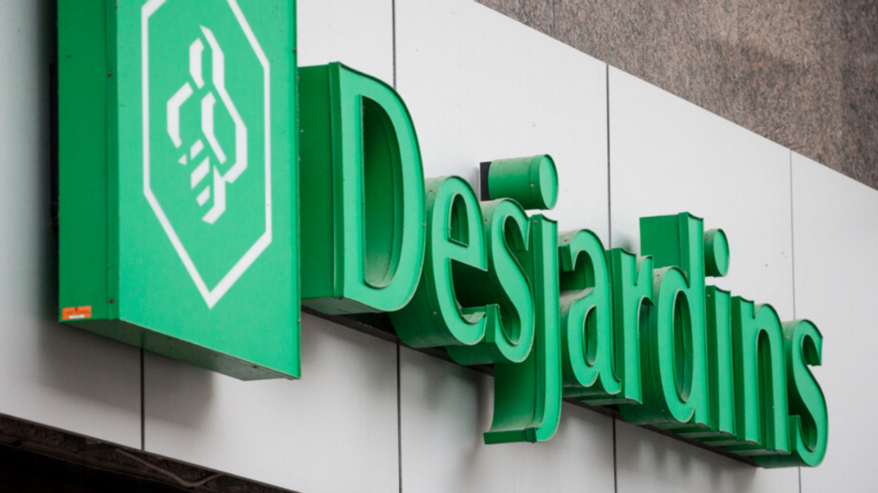 Picture of a Desjardins sign with the logo at their main branch in Montreal, Quebec, Canada.
