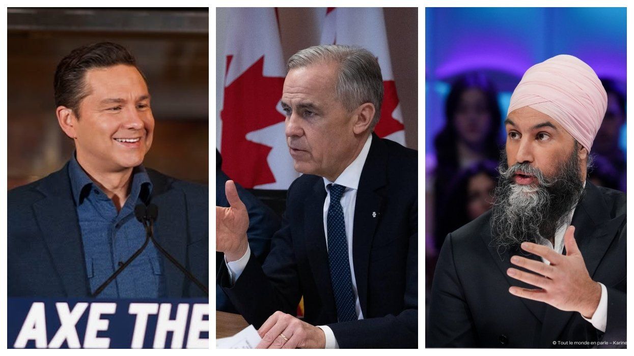 Pierre Poilievre at a Conservative party rally. Middle: Mark Carney gives a speech. Right: Jagmeet Singh during a television appearance.