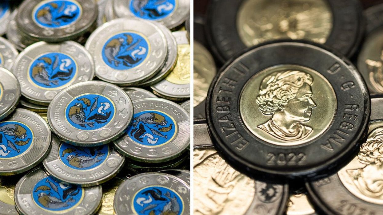 pile of light blue Inuit Nunangat toonies. right: pile of black queen elizabeth toonies