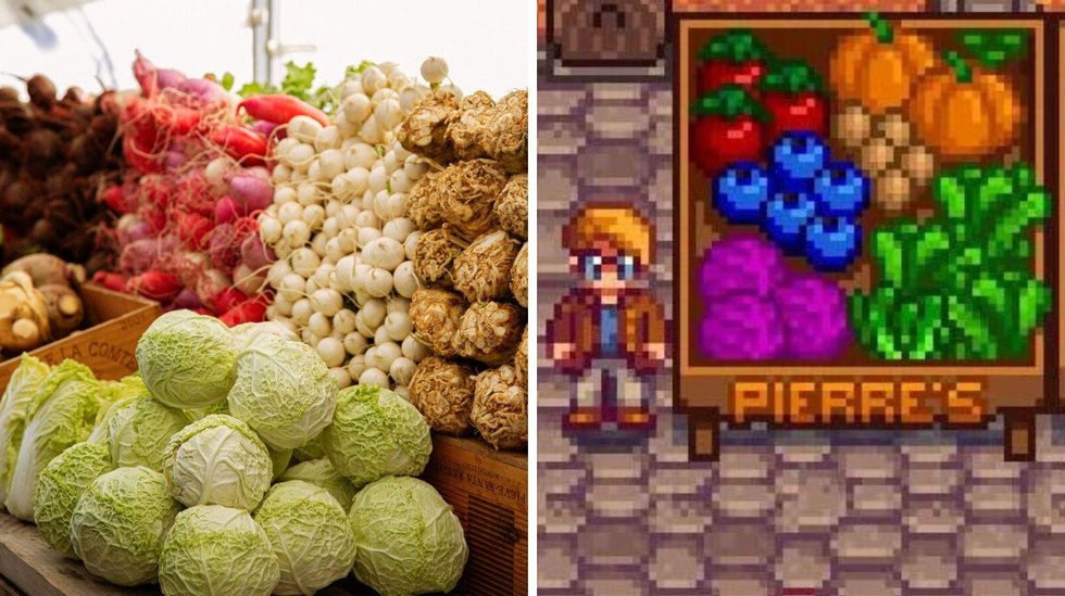 Piles of cabbage, radish and other vegetables at the March\u00e9 des \u00c9clusiers farmer's market. Right: Pierre in Stardew Valley stands next to his grange display filled with produce.
