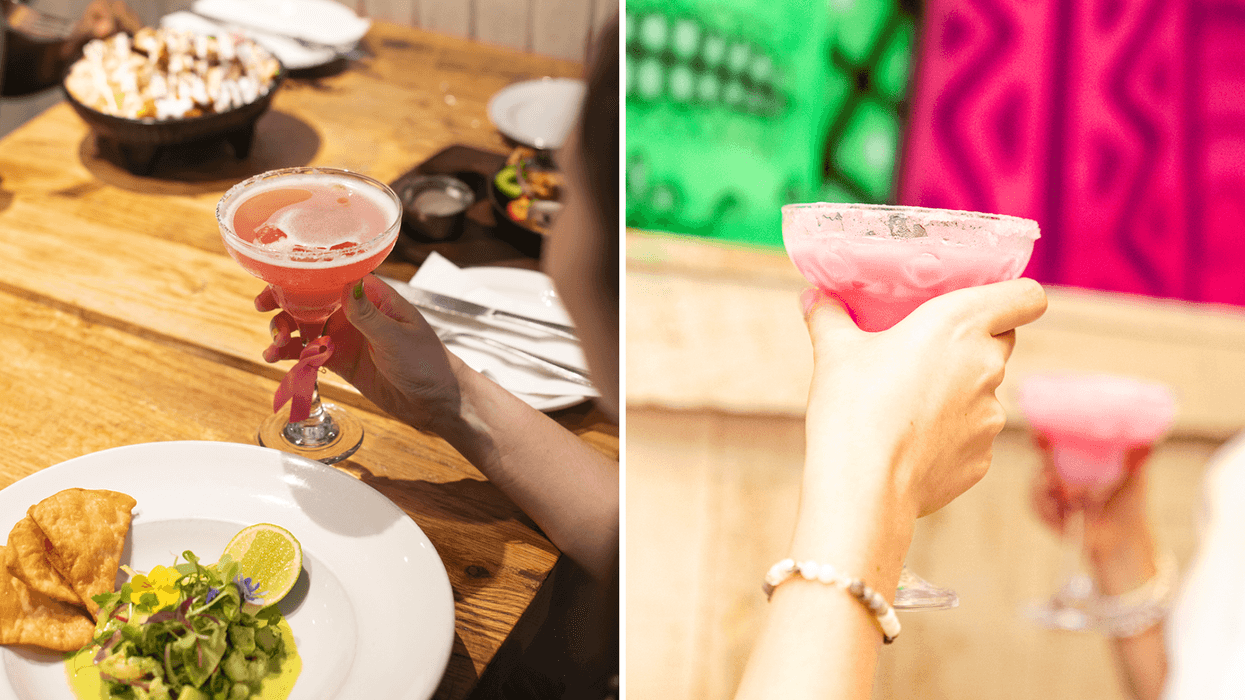 Pink cocktail beside a meal. Right: Hand holding a pink cocktail.