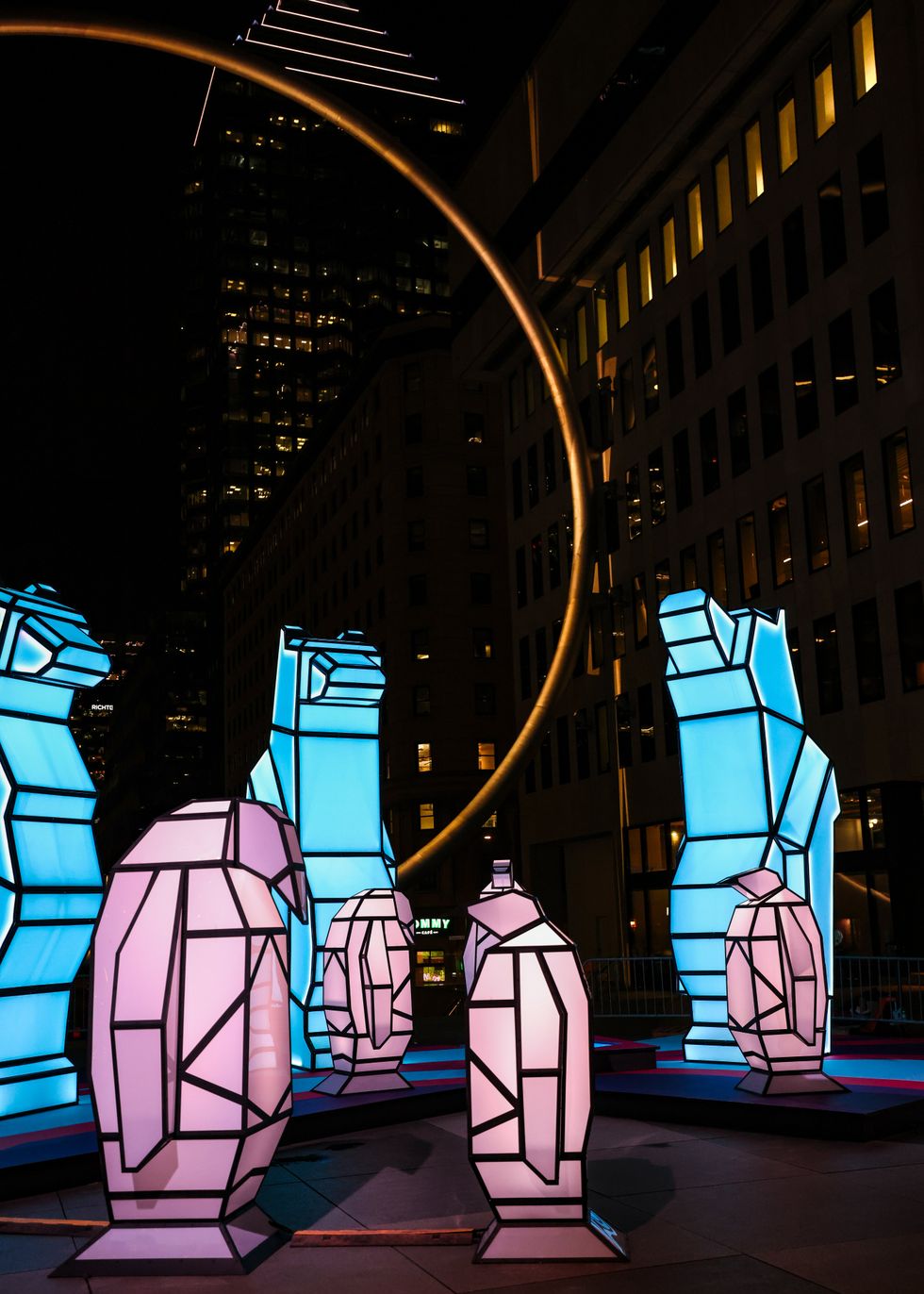 Pink-hued penguins and blue polar bears.