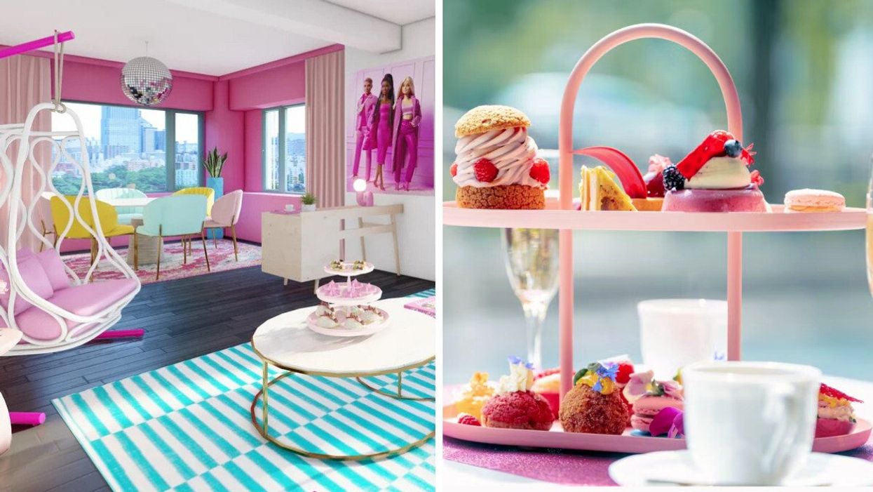 Pink, white and blue furniture in the Barbie Dream Suite. Right: Rose-coloured sweet treats at an afternoon tea.
