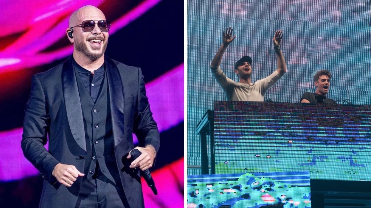 Pitbull performing on stage. Right: The Chainsmokers performing a DJ set in Austin, Texas.