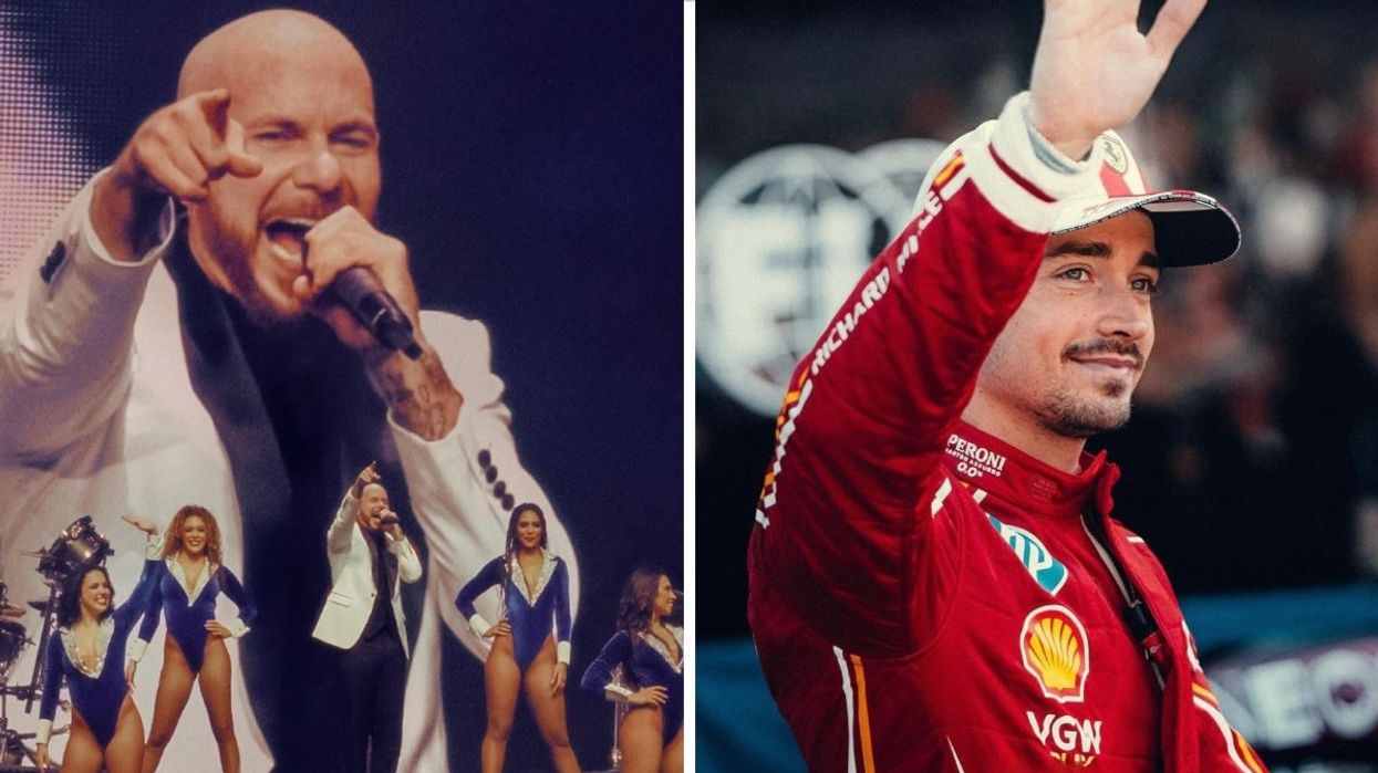 Pitbull performing on stage wearing a black and white tuxedo alongside four backup dancers. Right: Charles Leclerc waving to a crowd while wearing a red car racing uniform. 