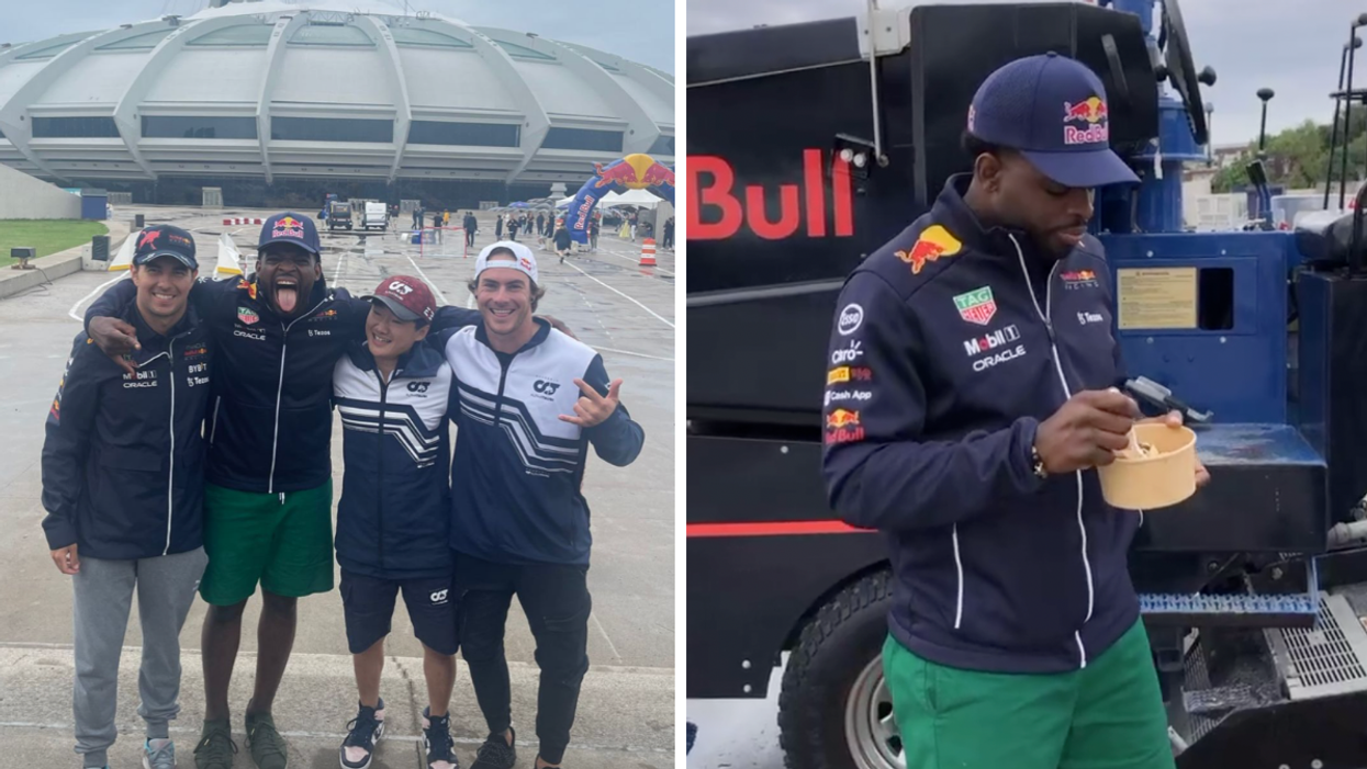 PK Subban posing with a group of people during Gran Prix in Montreal, Right: PK Subban eating poutine while being interviewed.