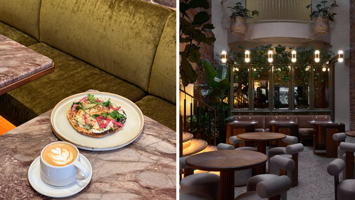 Plate of Mediterranean toast with pickled onions and a latte on a marble table at Mama C Café, Old Montreal. Right: Warm, stylish dining area with greenery and skylight inside Mama C Café, Old Montreal.