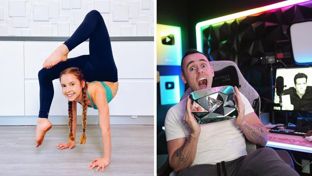 Popular YouTuber Anna McNulty in a contorionist pose. Right: Corey Tonge holds up a chrome YouTube logo to celebrate hitting 10M subscribers.