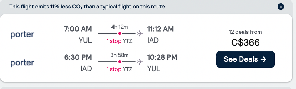 Porter flights from Montreal to Washington, D.C. jai Toronto.\u200b