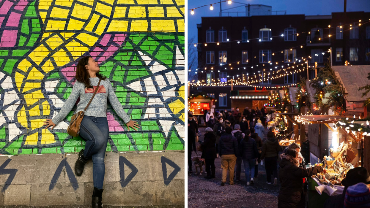 Posing in front of a mural near the Village. Right: Montreal's Grand Marché de Noël.