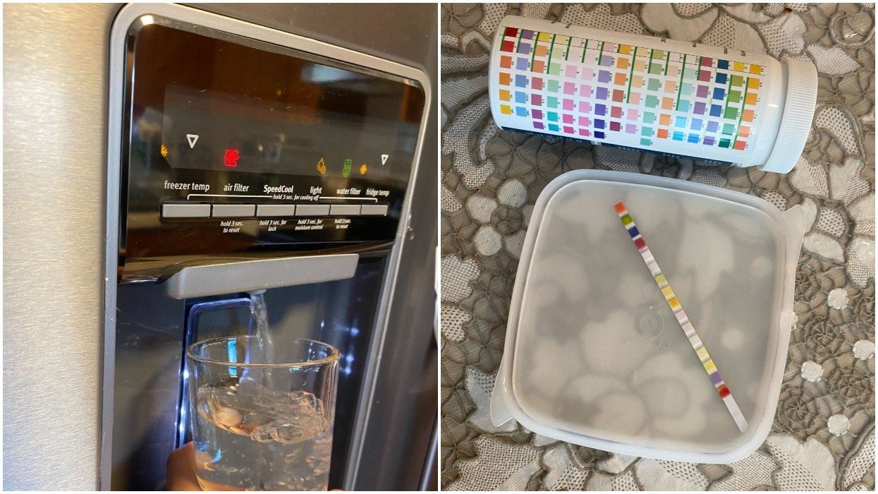 Pouring a glas of water. Right: A water test strip.