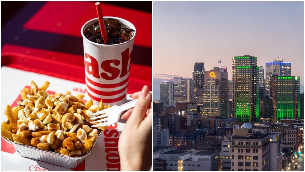 Poutine at Ashton. Right: Montreal skyline.