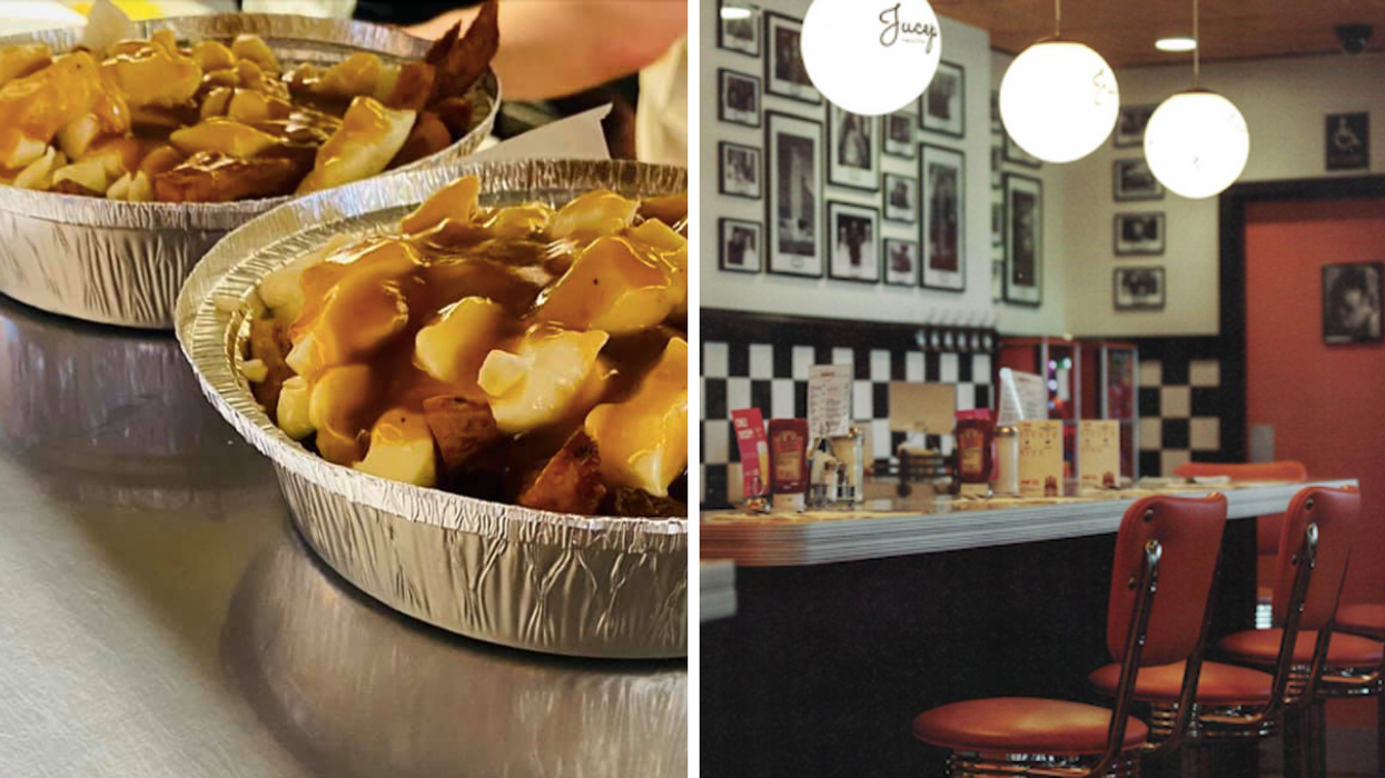 Poutine from Le Roy Jucep restaurant in Drummondville (left), Interior seating of Le Roy Jucep restaurant in Drummondville (right)