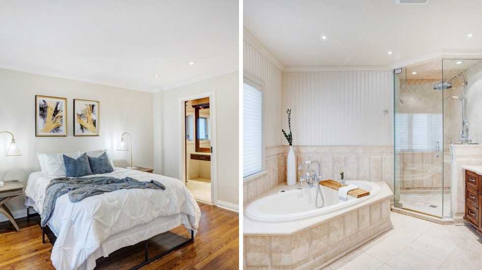 Primary bedroom and the adjacent bathroom.