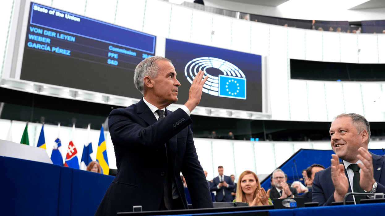 Prime Minister Mark Carney waves as he is applauded as he arrives for the State of the European Union address by President of the European Commission Ursula von der Leyen, not shown, at the European Parliament in Strasbourg, France, on Wednesday, Sept. 16, 2026. THE CANADIAN PRESS/Justin Tang