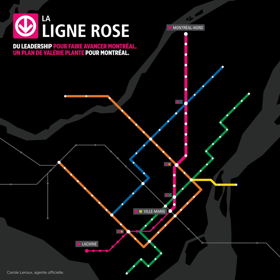 Projet Montr\u00e9al's initial proposal for a pink metro line route.