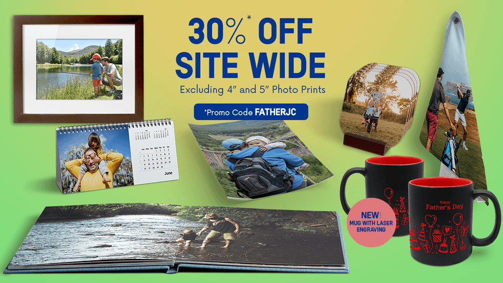 Promotional banner featuring custom photo gifts for Father\u2019s Day.