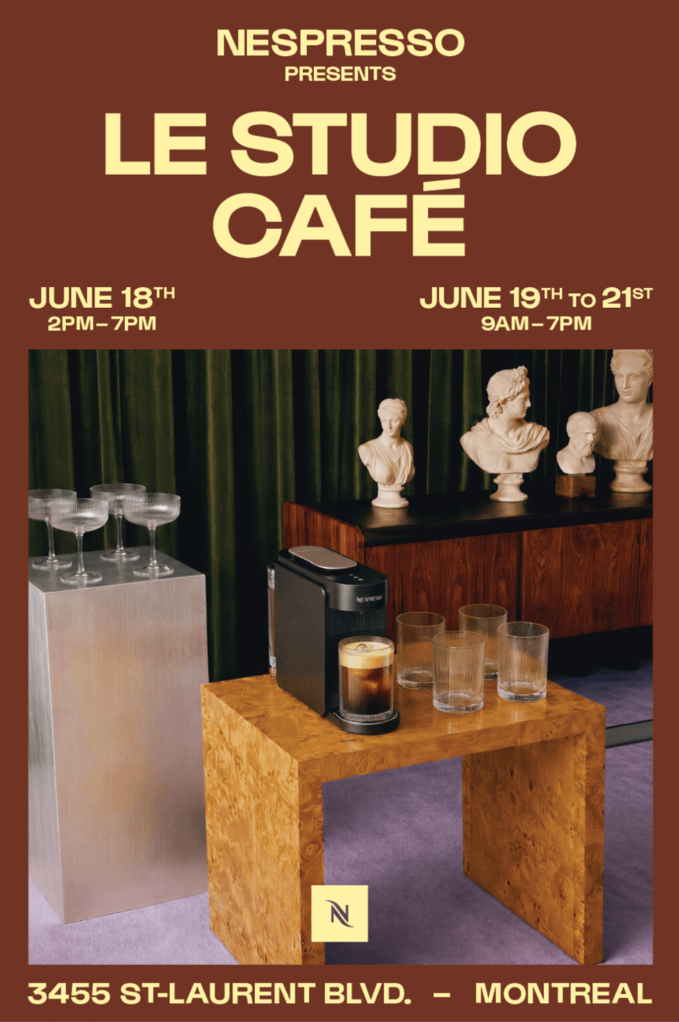Promotional poster for Nespresso's Le Studio Caf\u00e9 event in Montr\u00e9al, featuring a coffee machine and event details.