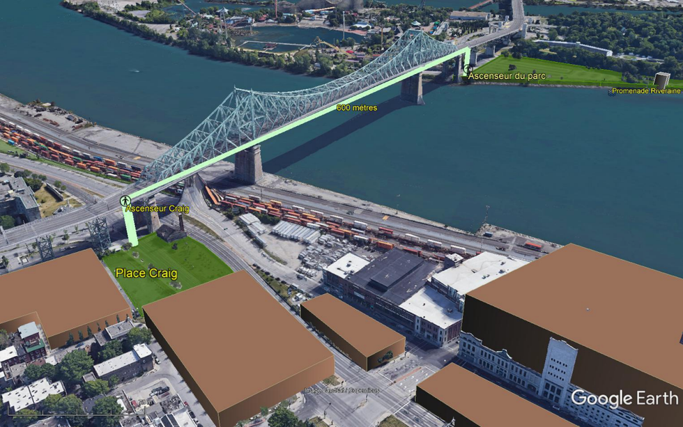 Proposed pedestrian route from Place Craig to Parc Jean-Drapeau via Montreal's Jacques Cartier Bridge.