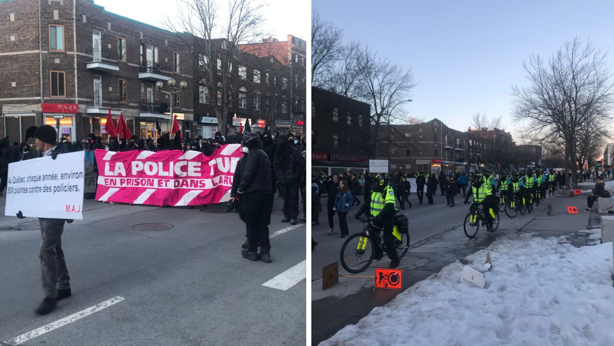 Protestors march behind a banner reading "La police tue en prison et dans la rue." Right: Dozens of police officers on bikes surround the march.