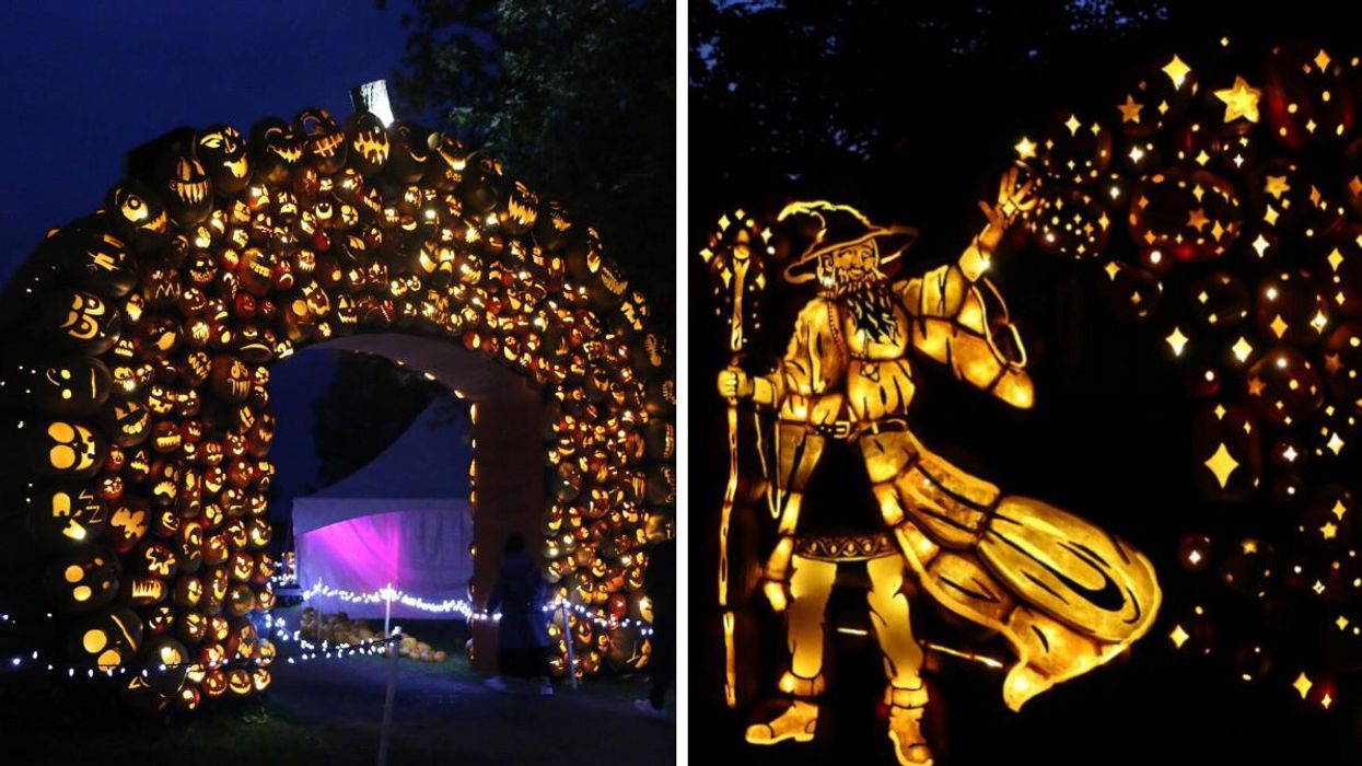 Pumpkinferno giant arch. Right: Pumpkins in the shape of a wizard.