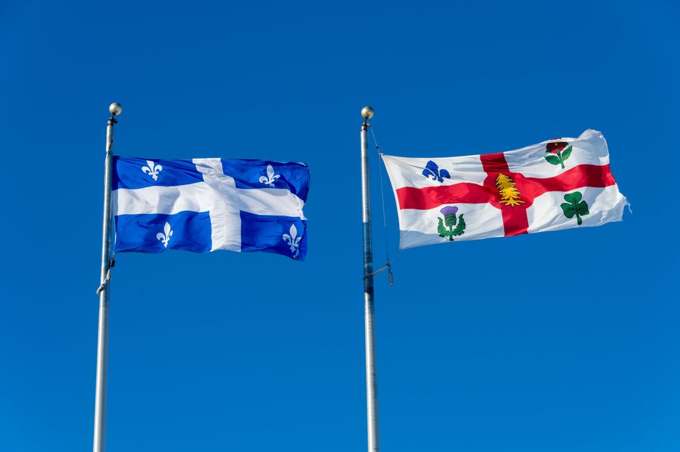 Quebec and Montreal flags featuring the fleur-de-lys.