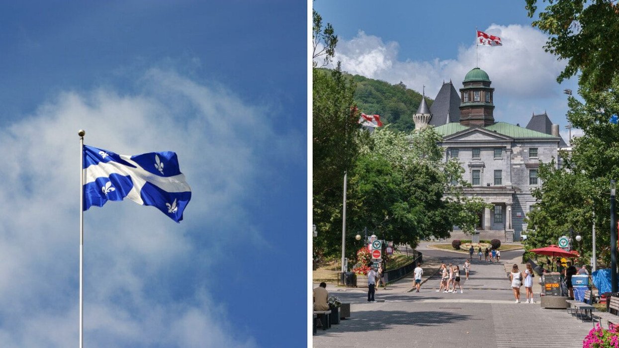 Quebec flag. Right: McGill University building.