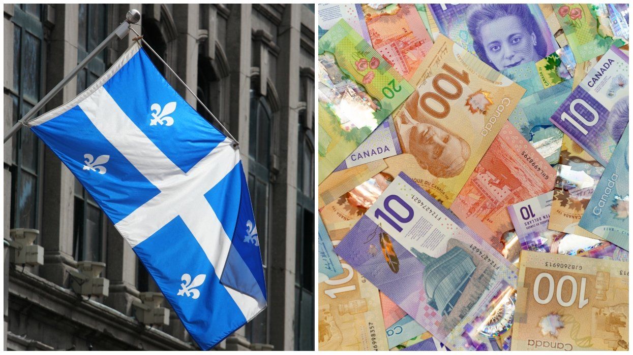 Quebec flag waving. Right: Canadian money.