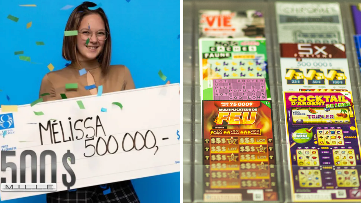 Quebec woman wins $500,000 from Loto-Quebec $500 Mille scratch ticket. Right: Loto Quebec scratch tickets.
