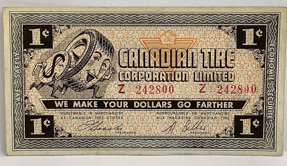 Rare Canadian Tire 1-cent bill.
