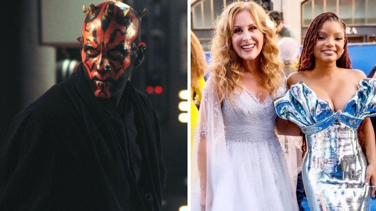 Ray Park as Darth Maul with horns, and red and black face paint. Right: The original voice of Ariel, Jodi Benson, with live-action Little Mermaid, Halle Bailey.
