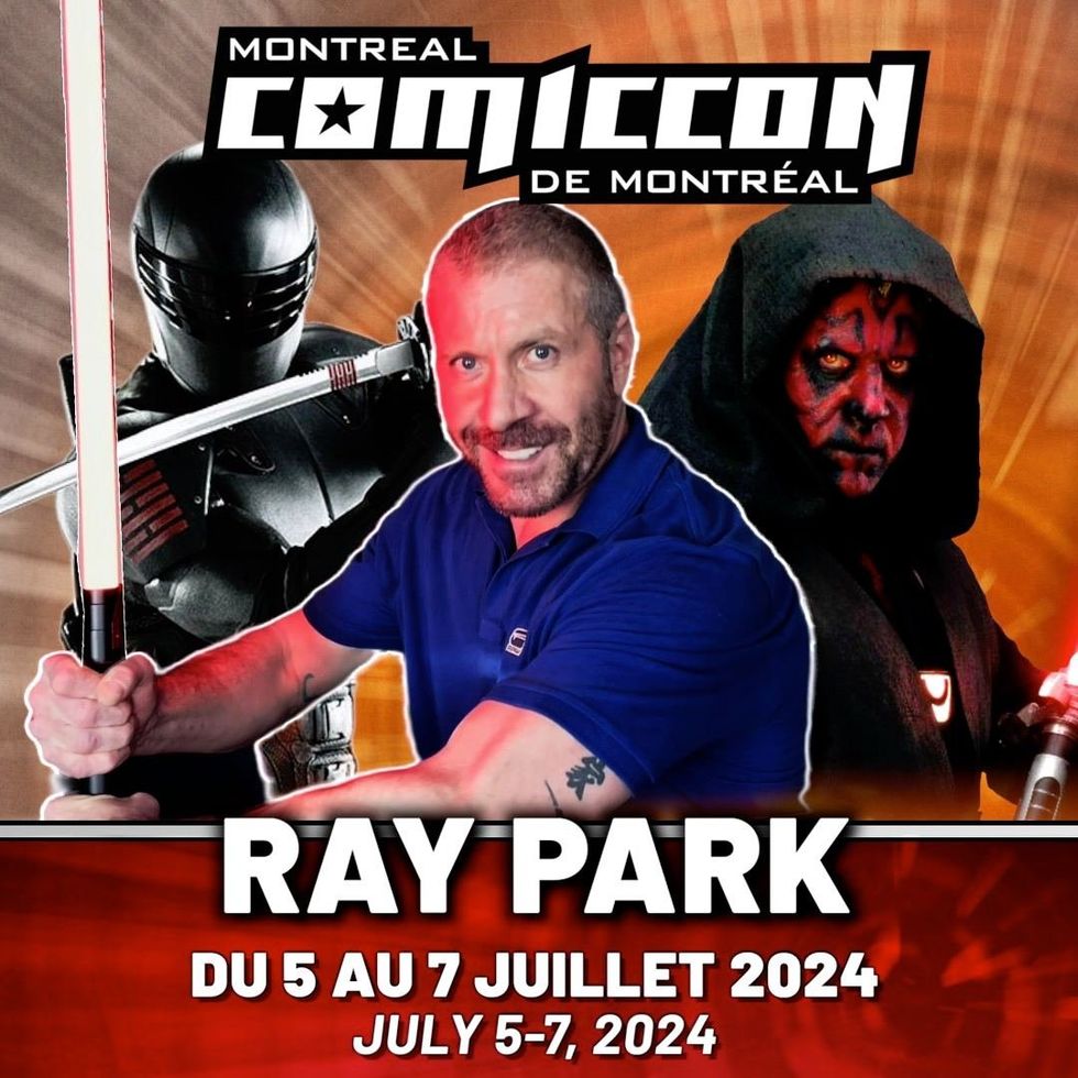 Ray Park holds a lightsaber next to an image of him as Darth Maul.