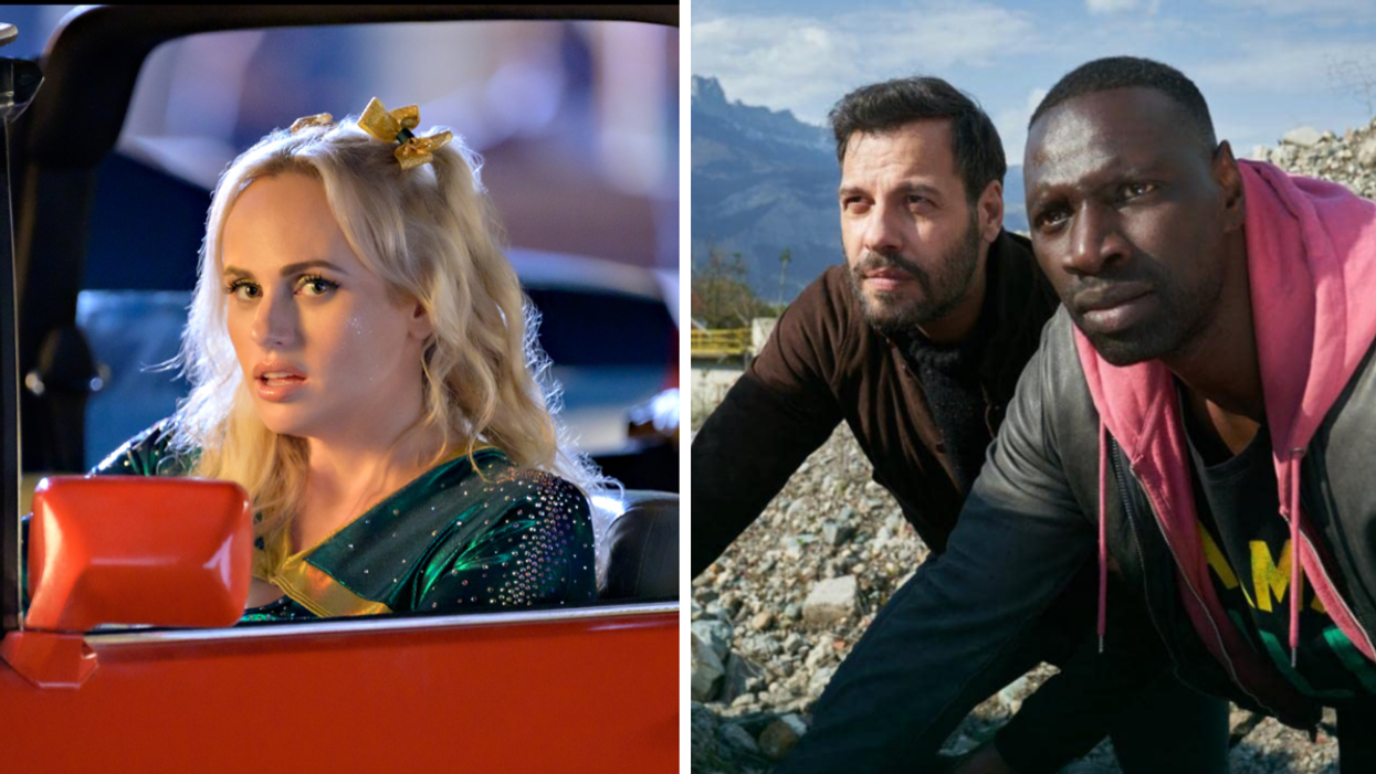 Rebel Wilson in 'Senior Year'. Right: Omar Sy and Laurent Lafitte in 'The Takedown'.