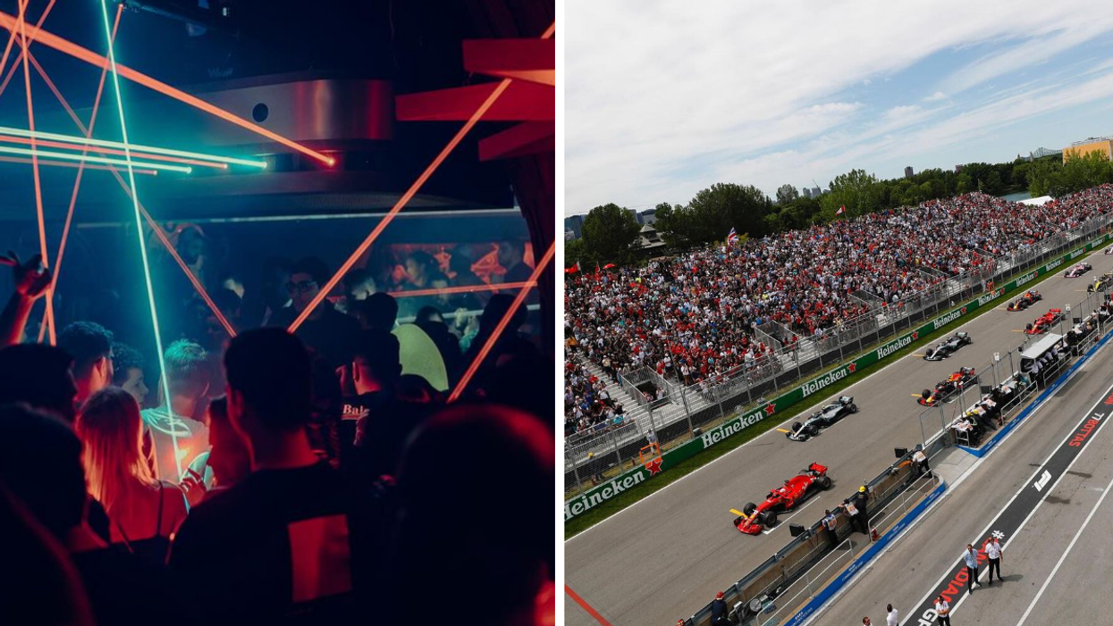 Red and green lasers light up Montreal's Soubois supper club as people dance and party. Right: Formula 1 cars race at Circuit Gilles-Villeneuve in front of a crowd of spectators who fill the stands.