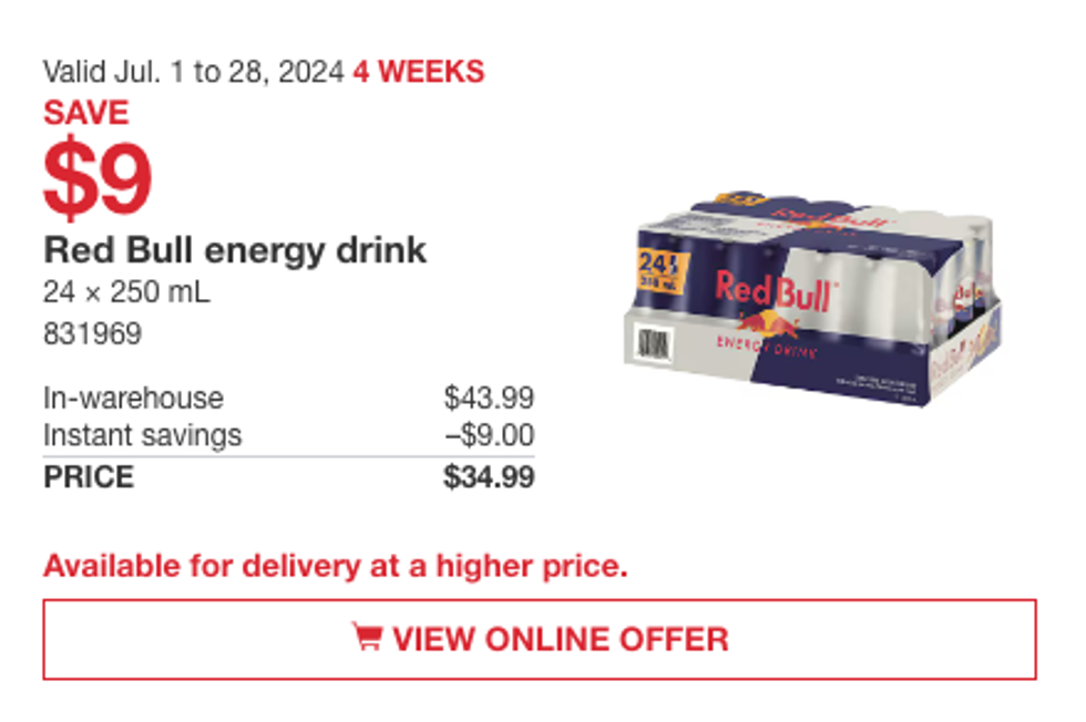 Red Bull energy drinks on sale at Costco.