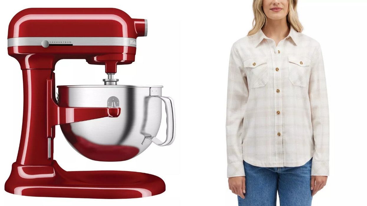 Red Kitchenaid stand mixer. Right: A model wearing a beige plaid flannel button-up shirt.