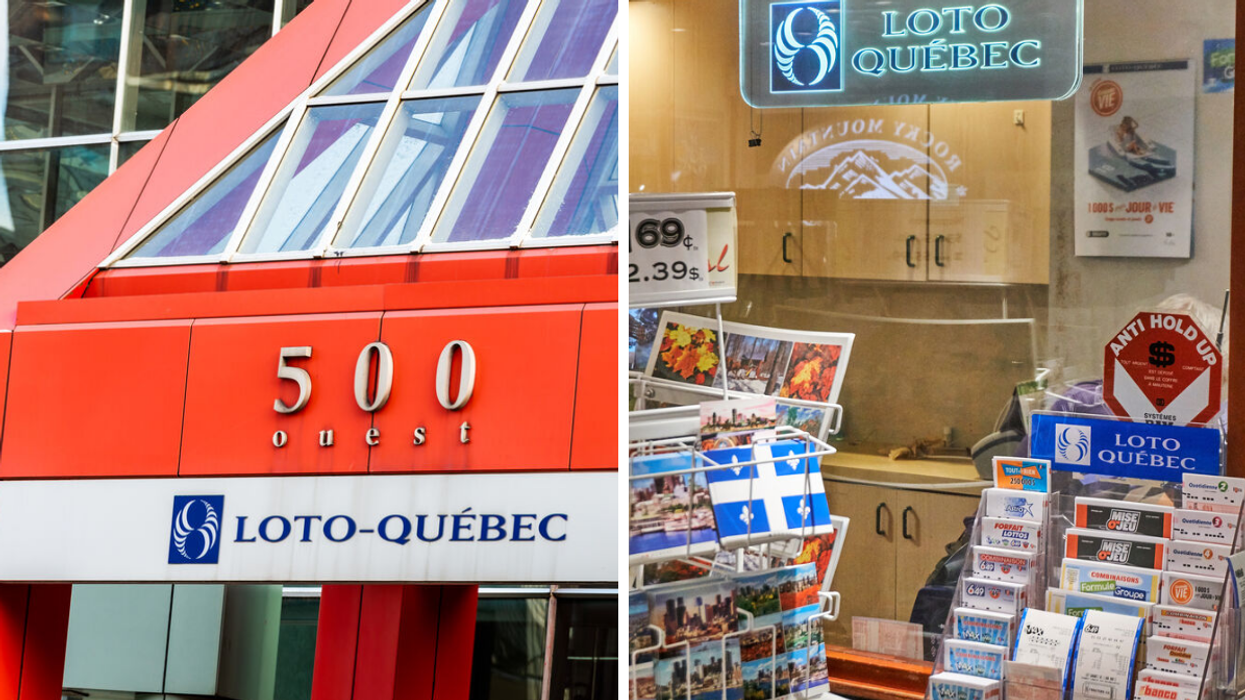 Red Loto-Québec building in Montreal, Quebec, Canada. Right: Loto-Québec kiosk filled with Quebec souvenirs and lottery tickets.